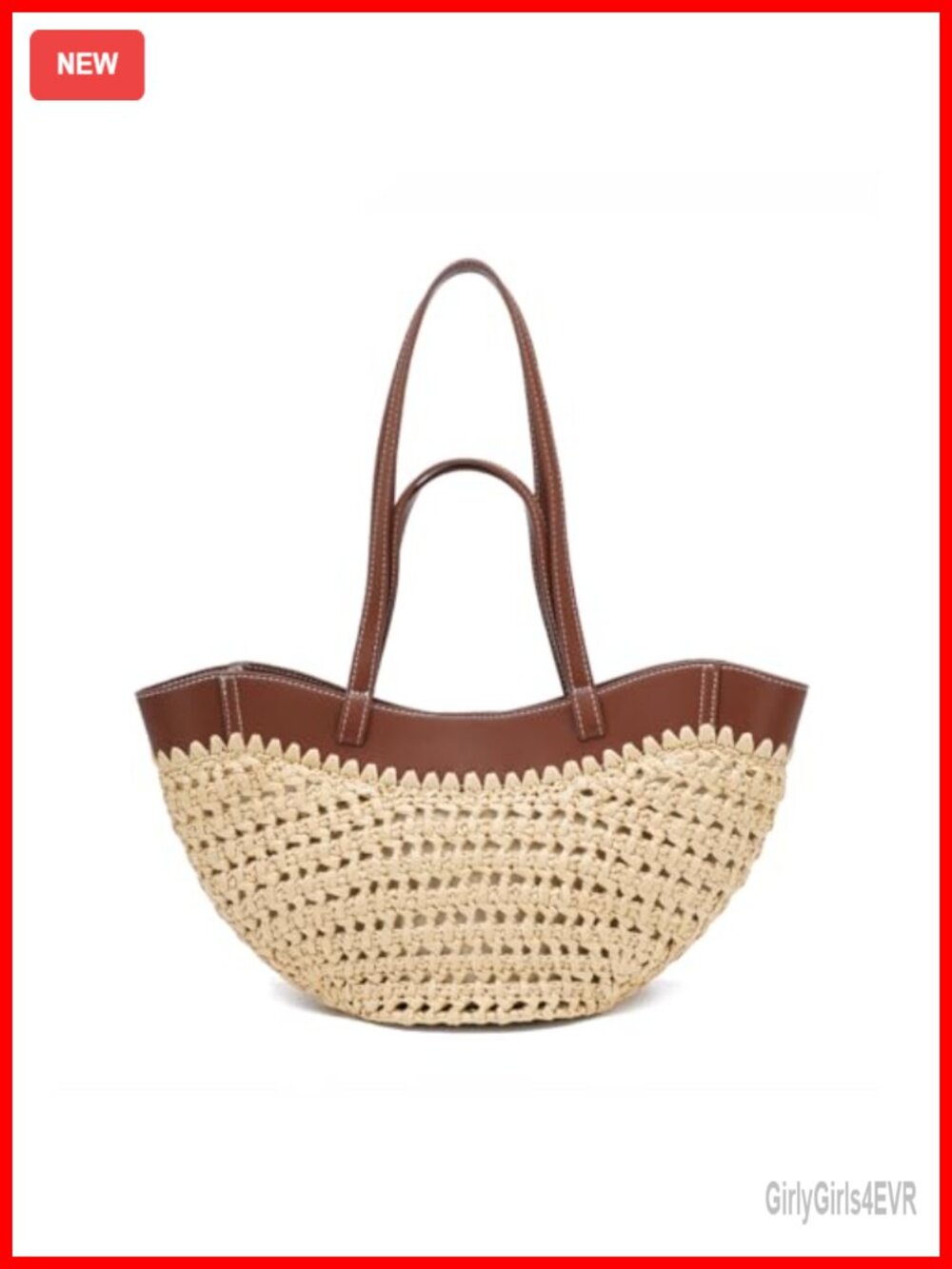 Straw Tote Bag Handmade Mesh Woven Summer Beach Purse Leather Trim